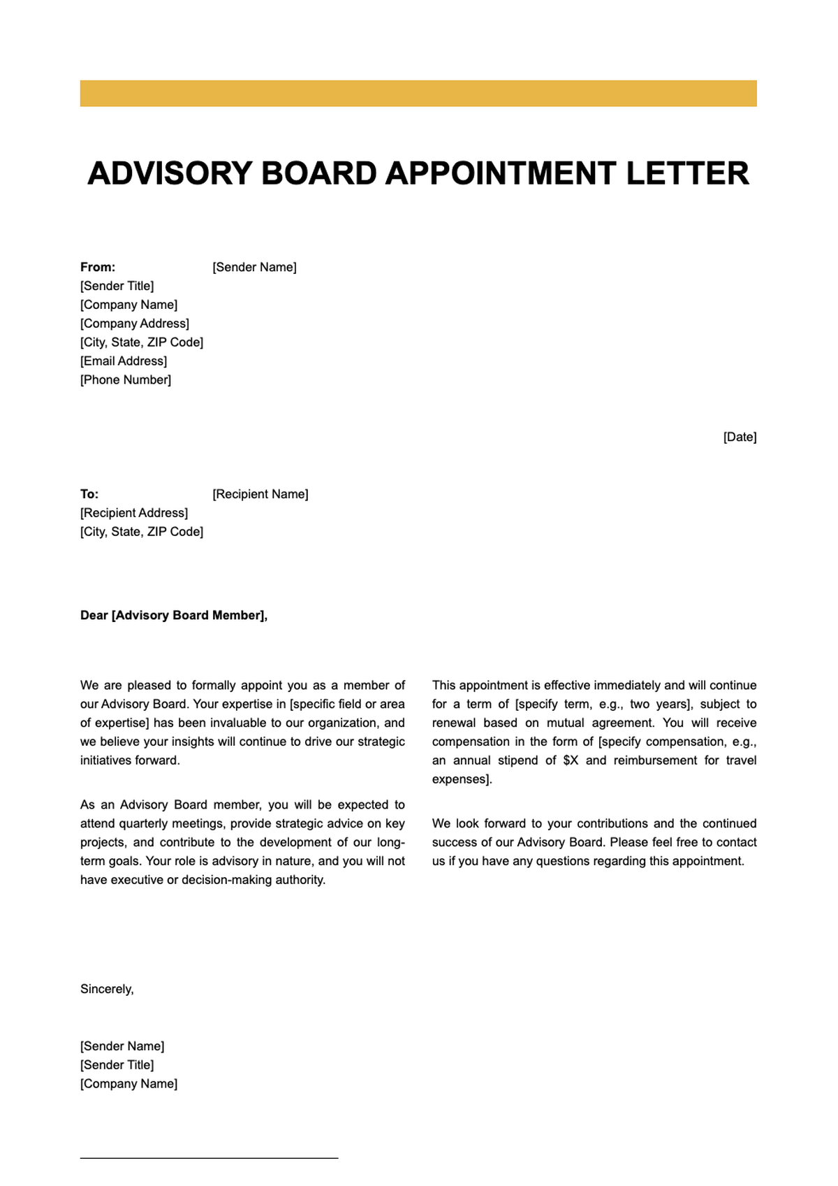 Advisory board appointment letter template with placeholder fields and orange accents_variant_3